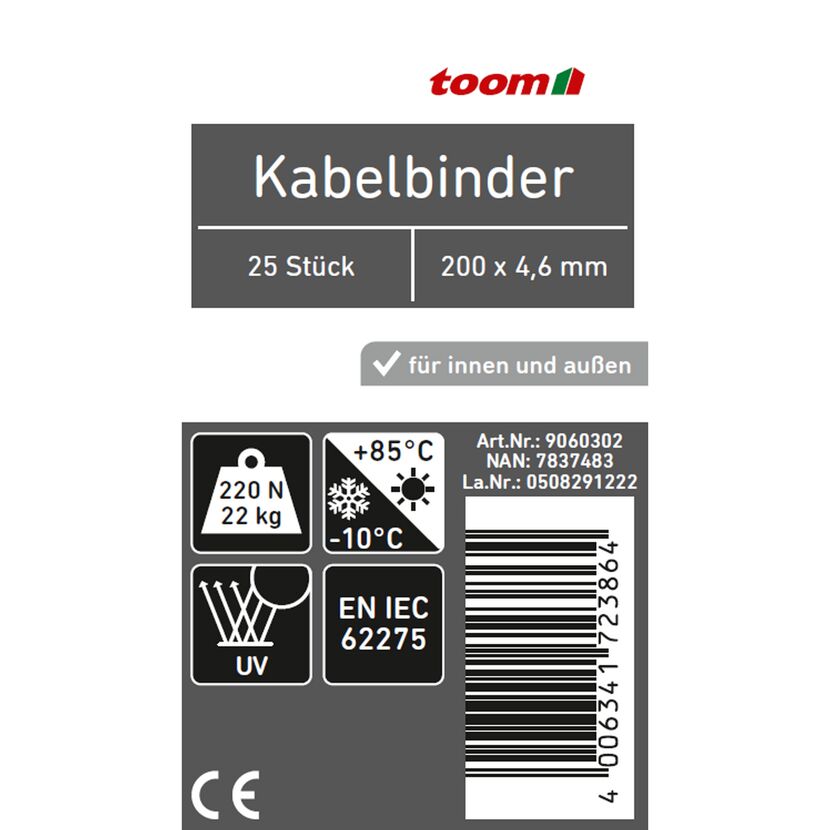 25 Stück Kabelbinder 200 x 4,6 mm für innen und außen