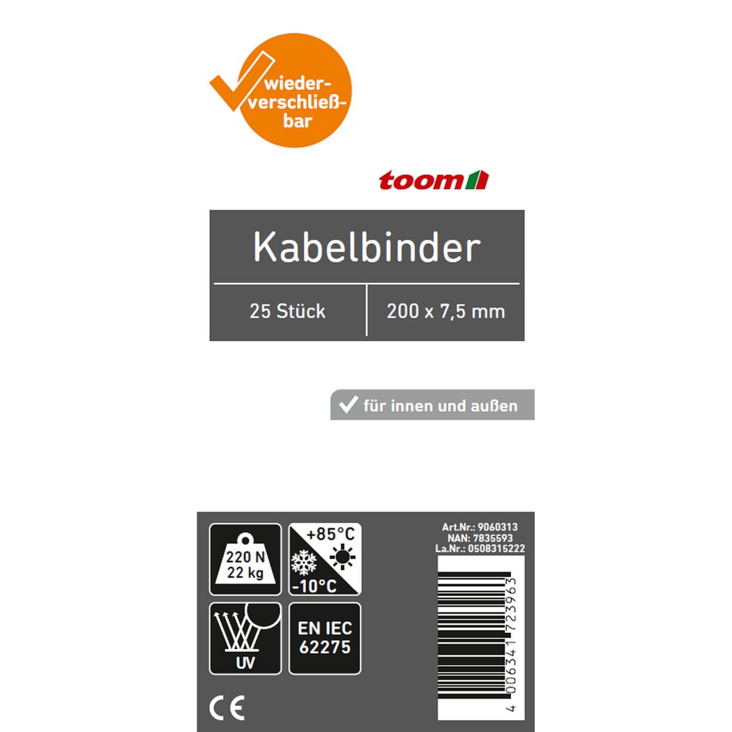 25 Stück Toom Kabelbinder 200 x 7,5 mm