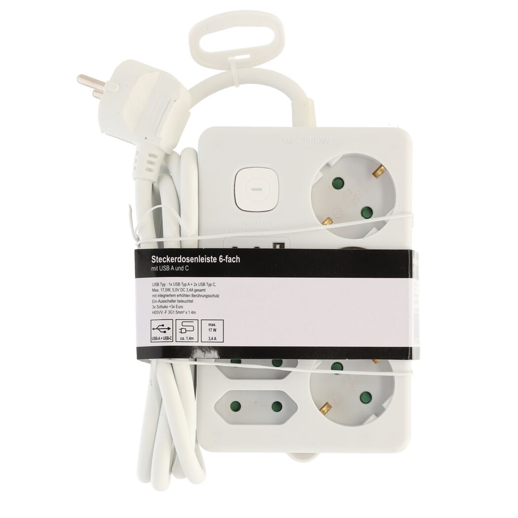 Weiße Steckdosenleiste mit USB-Anschlüssen