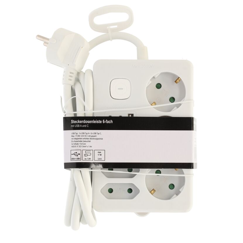 Weiße Steckdosenleiste mit USB-Anschlüssen