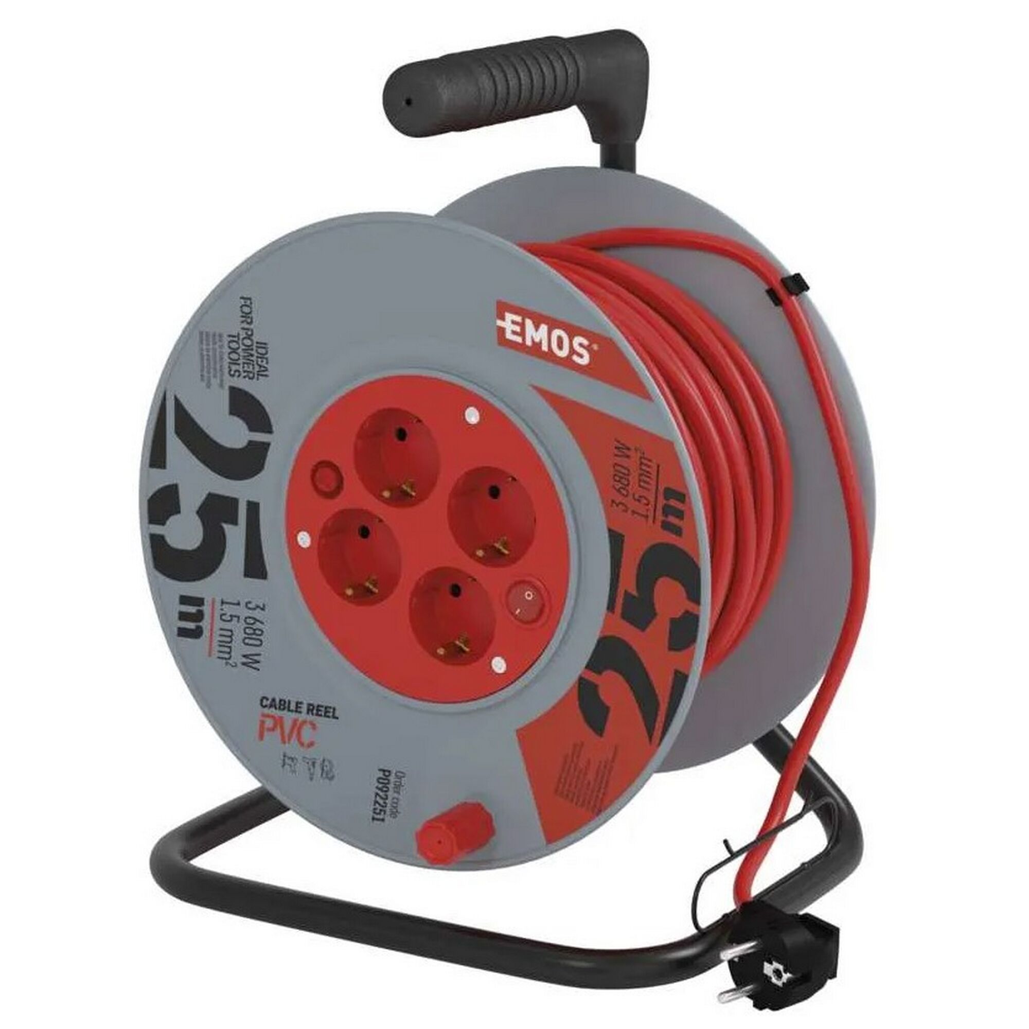 Rote Kabeltrommel mit vier Steckdosen