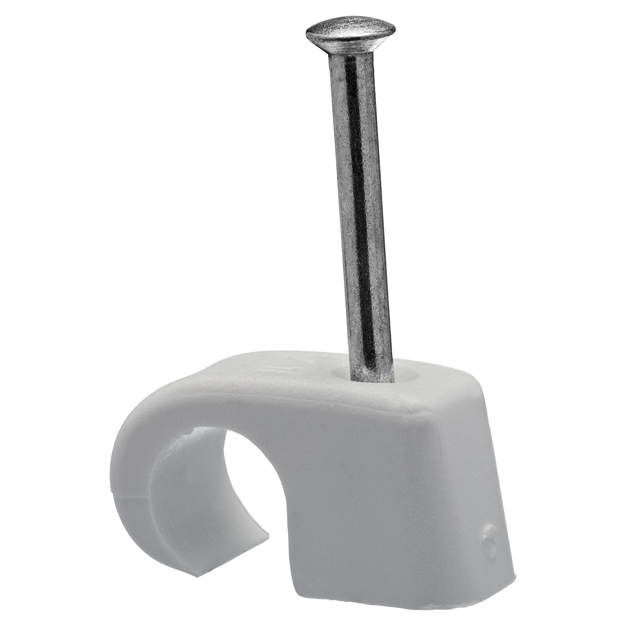 Weiße Kabelschelle mit Nagel