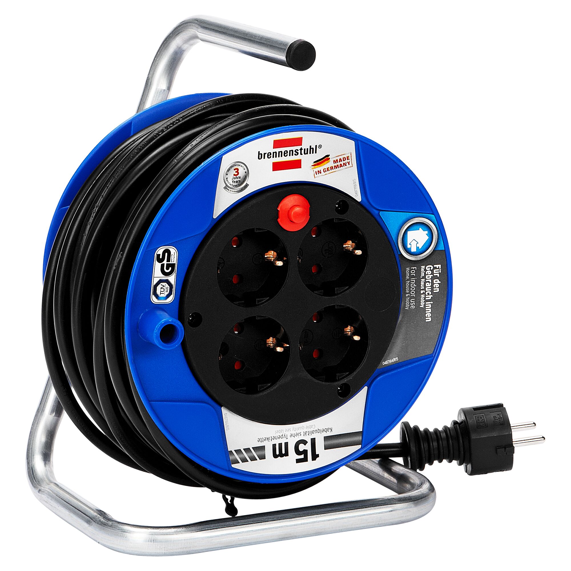 Blaue Kabeltrommel von Brennenstuhl mit 15 Metern Kabel und vier Steckdosen.