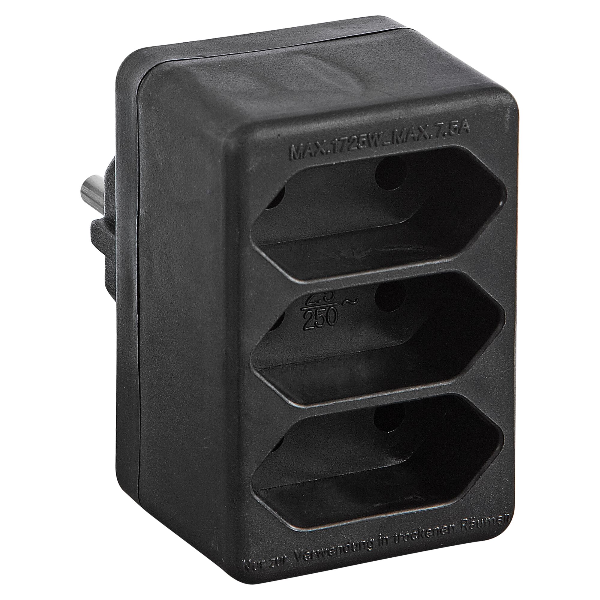 Schwarzer Euro-Übergangsstecker mit drei Steckdosen.