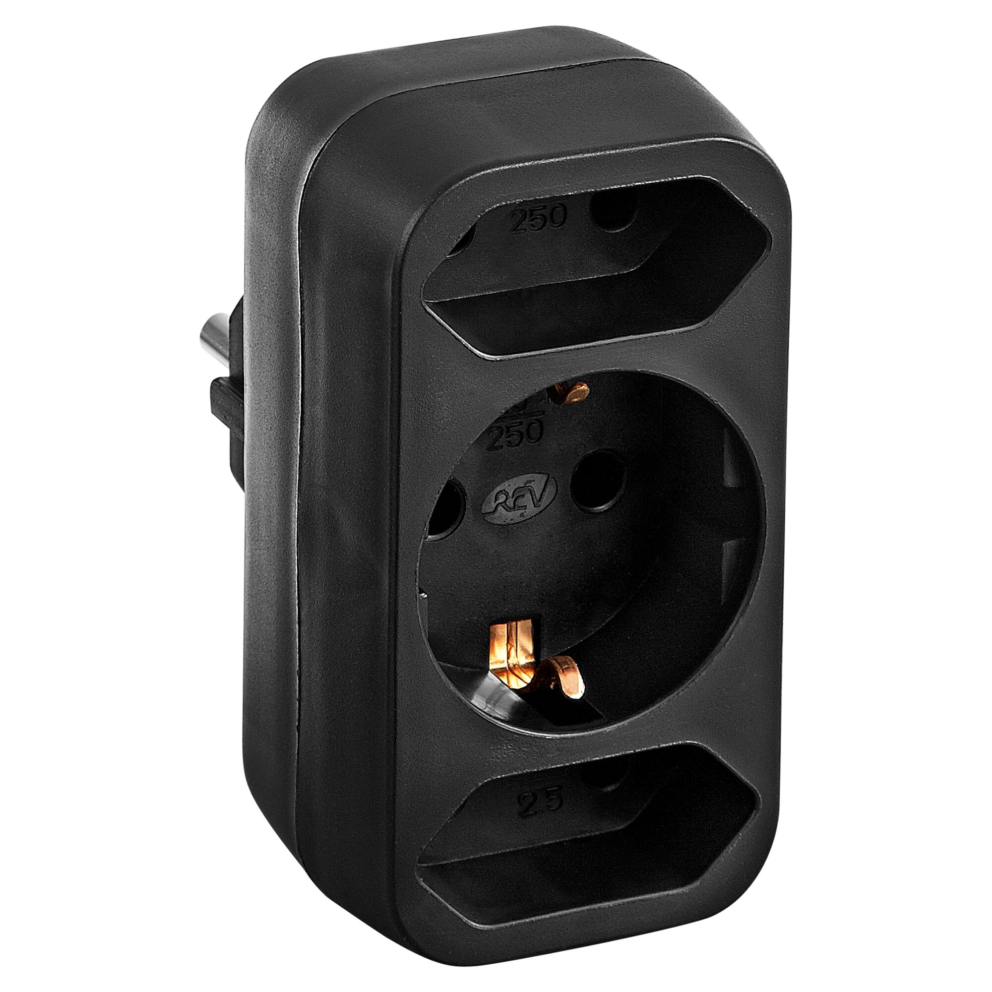 Schwarzer Multistecker mit zwei Eurosteckdosen und einer Schukosteckdose.