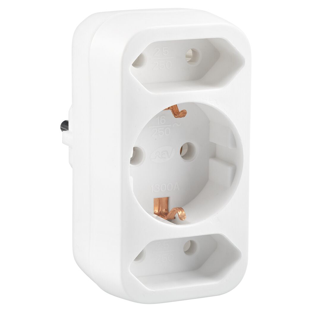 Weißer Multistecker mit zwei Eurosteckdosen und einer Schukosteckdose