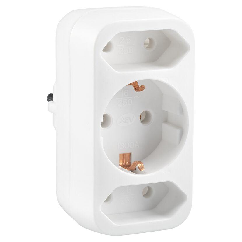 Weißer Multistecker mit zwei Eurosteckdosen und einer Schukosteckdose
