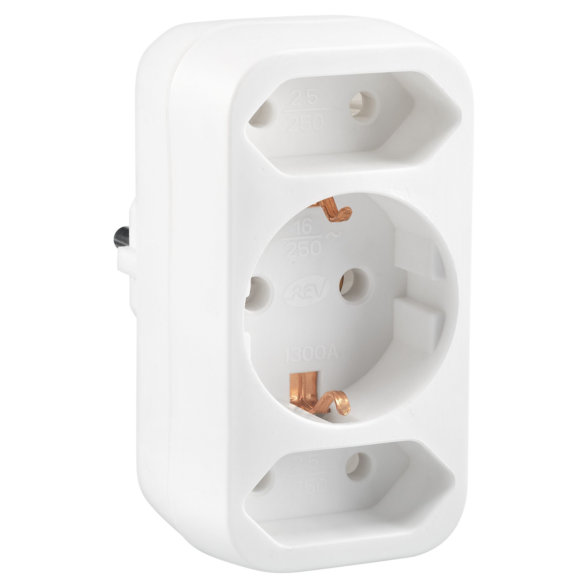 Weißer Multistecker mit zwei Eurosteckdosen und einer Schukosteckdose