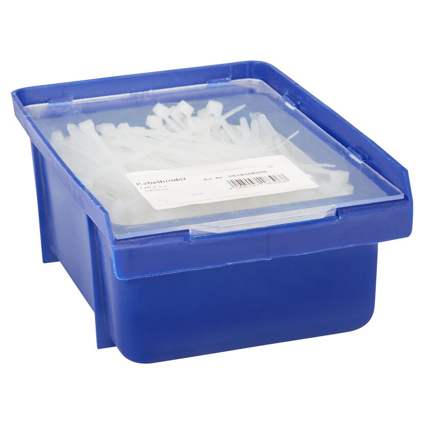 Weiße Kabelbinder in blauer Box