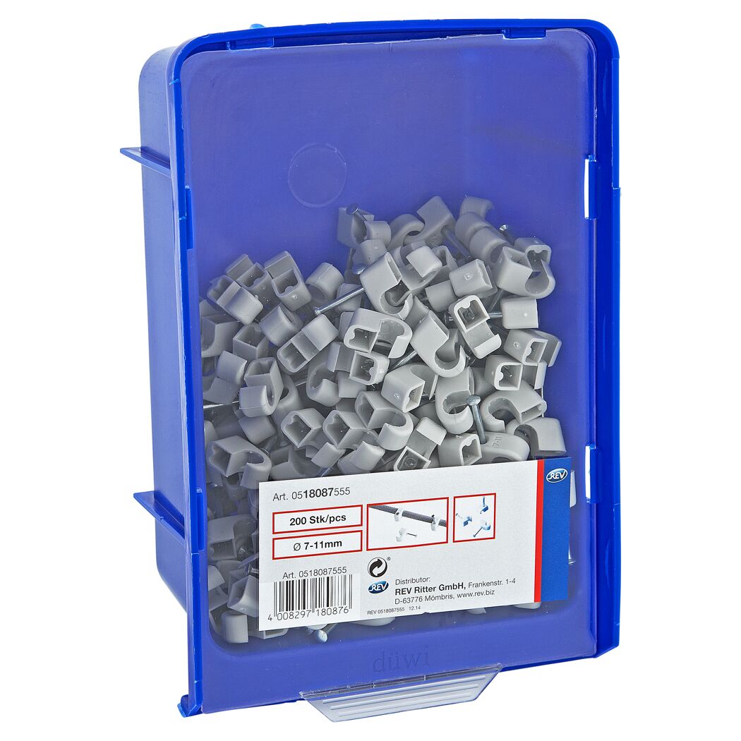 200 graue Kabelschellen 7-11 mm in blauer Box