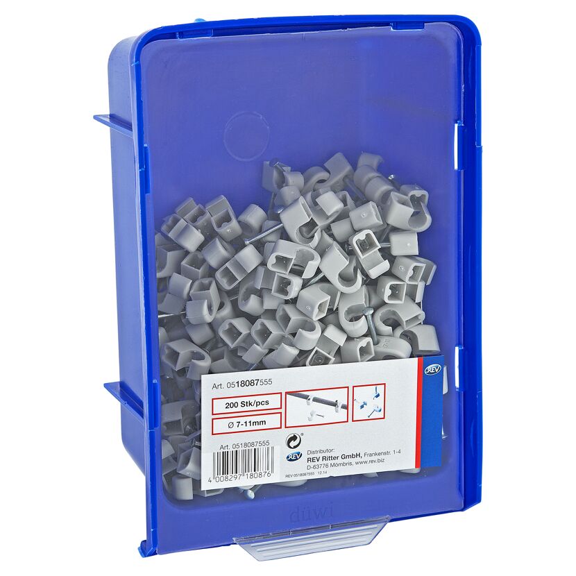 200 graue Kabelschellen 7-11 mm in blauer Box
