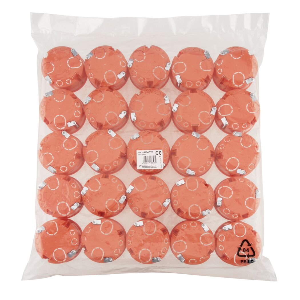 25 orangefarbene Hohlwanddosen in einer Plastiktüte.