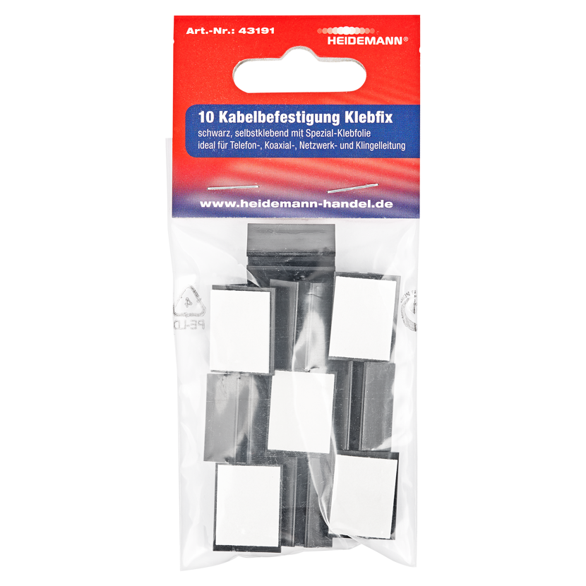 Zehn schwarze Kabelbefestigungen Klebfix von Heidemann in einer Verpackung.