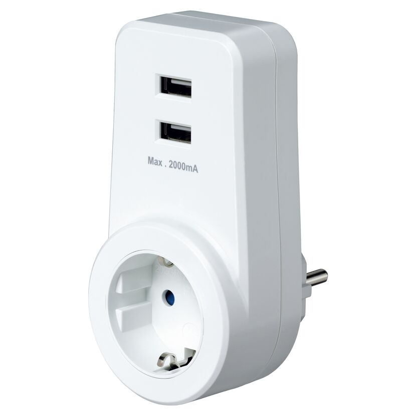Weißer Zwischenstecker mit zwei USB-Anschlüssen.