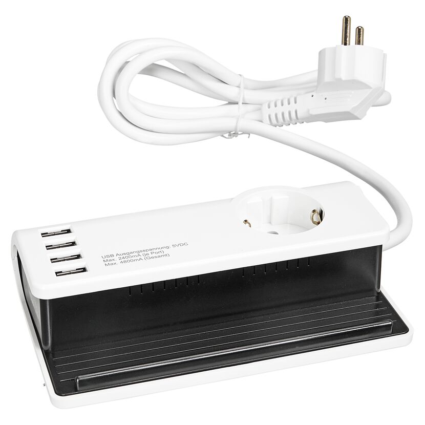 Weiße USB-Ladestation mit vier Ports und Steckdose