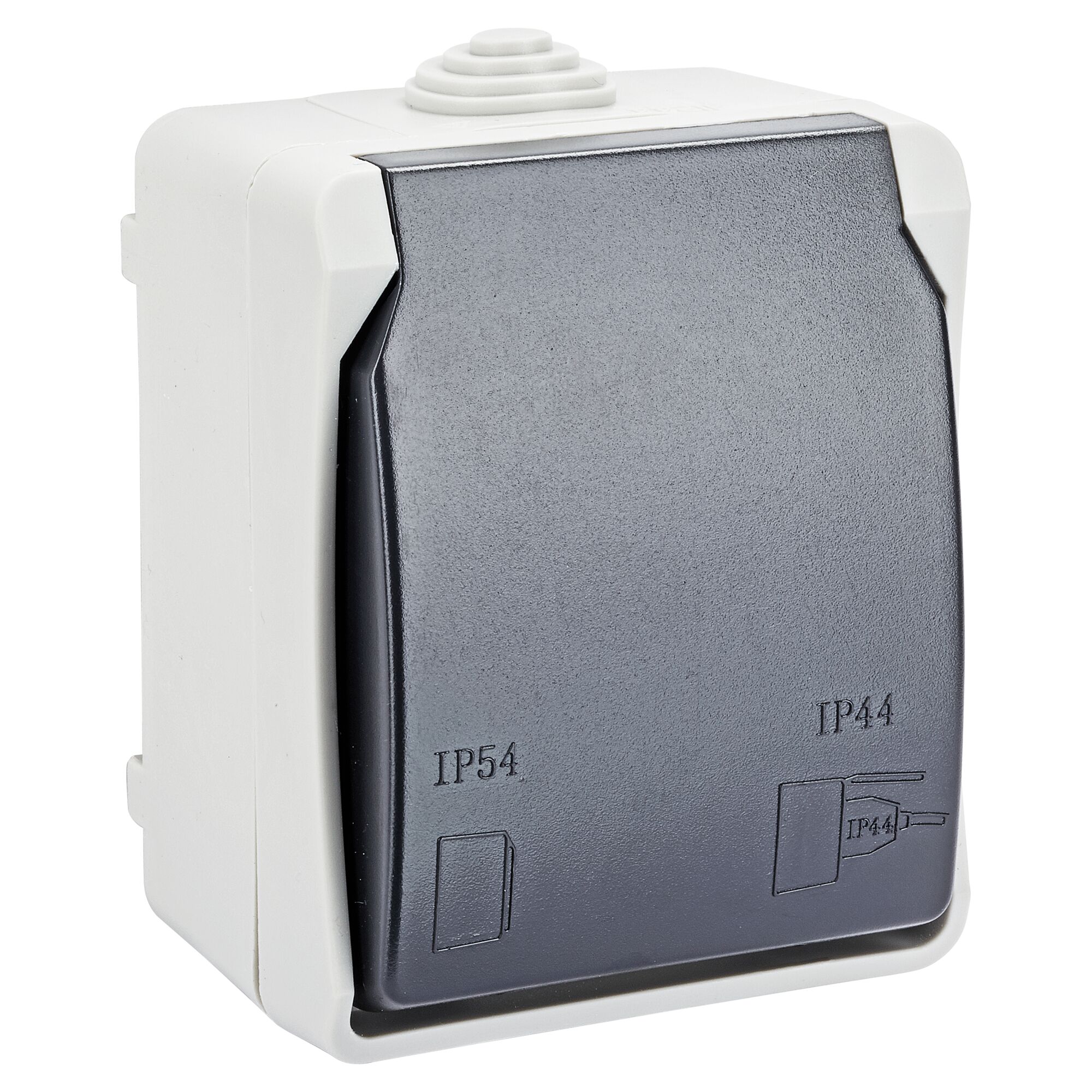 Grau-schwarze Aufputzsteckdose IP44