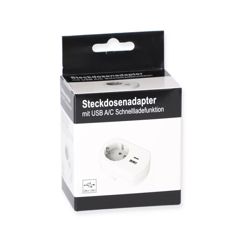 Steckdosenadapter mit USB A/C Schnellladefunktion in Verpackung