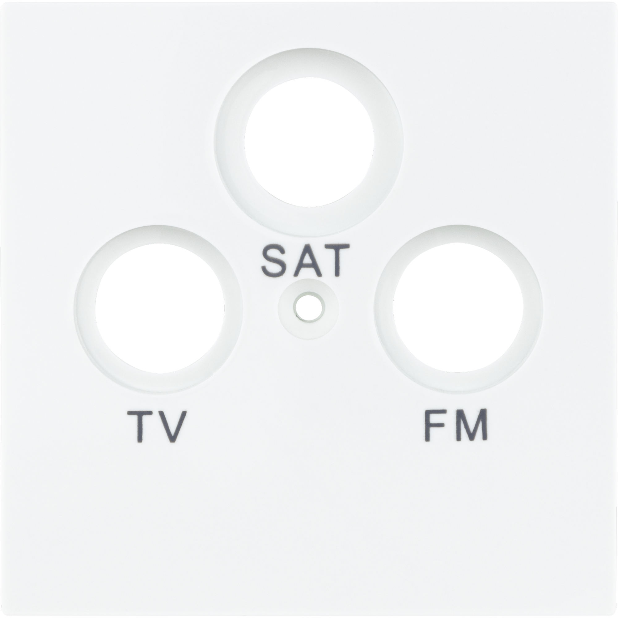 Weiße SAT-Abdeckung mit drei Öffnungen für TV, SAT und FM.