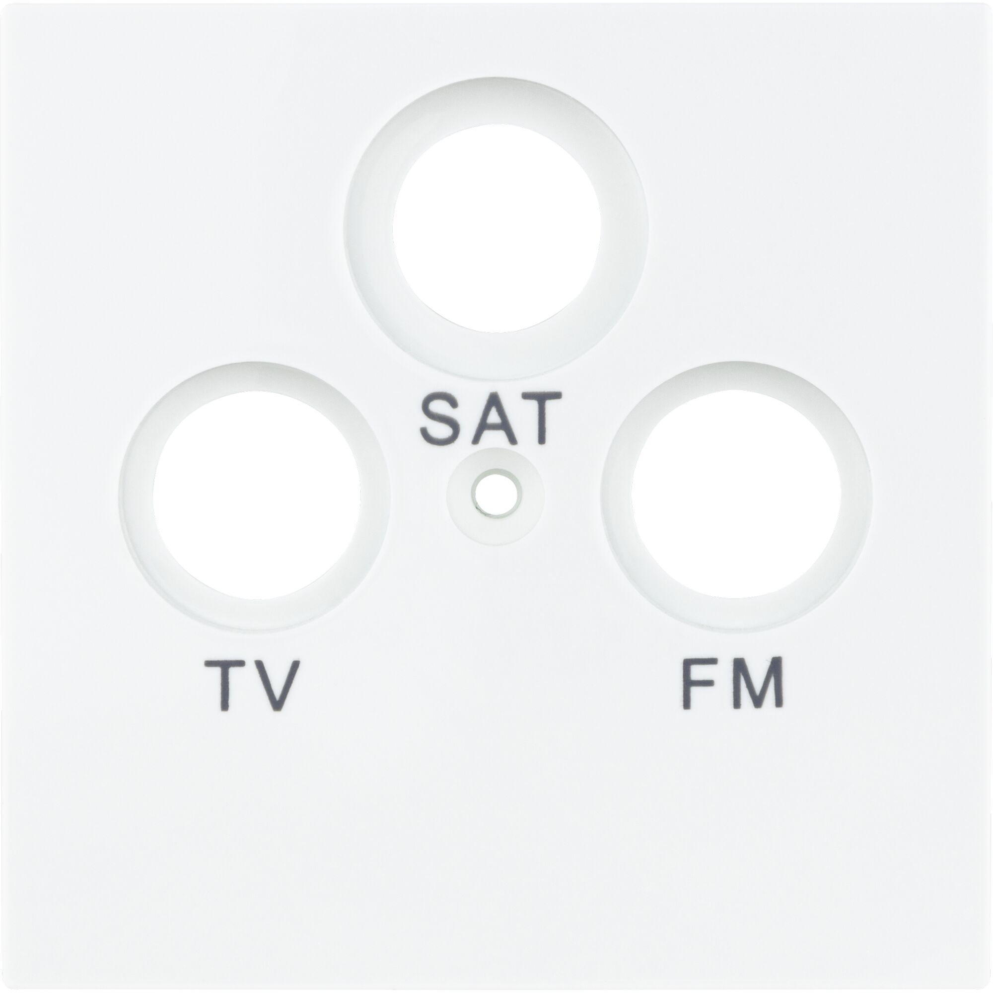 Weiße SAT-Abdeckung mit drei Öffnungen für TV, SAT und FM.