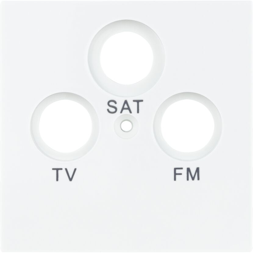 Weiße SAT-Abdeckung mit drei Öffnungen für TV, SAT und FM.