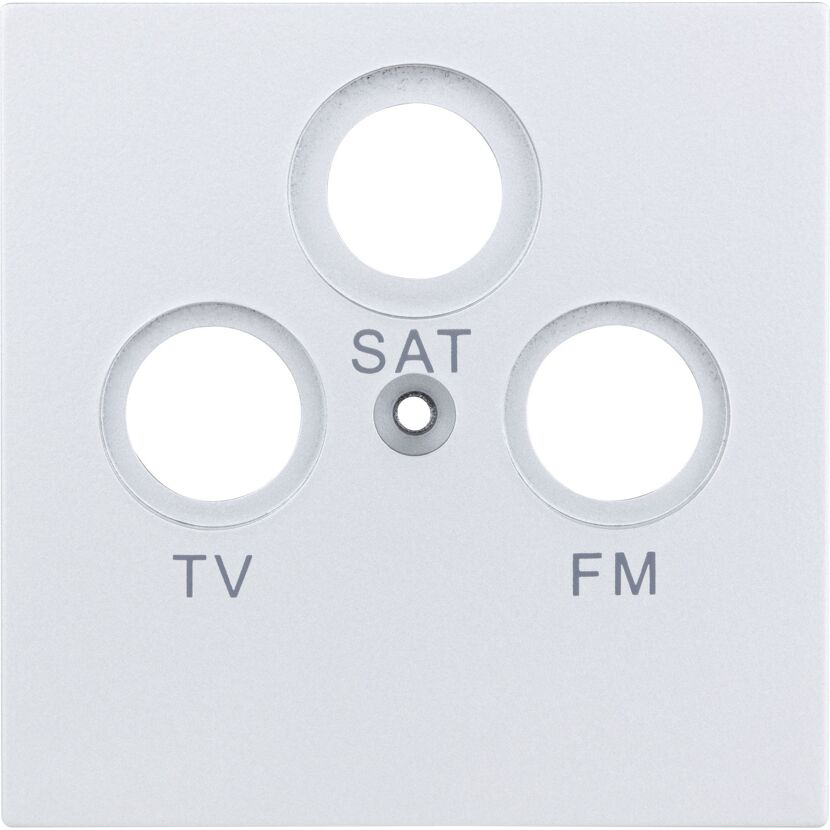Weiße SAT-Abdeckung mit drei Öffnungen und Aufschrift TV, SAT, FM