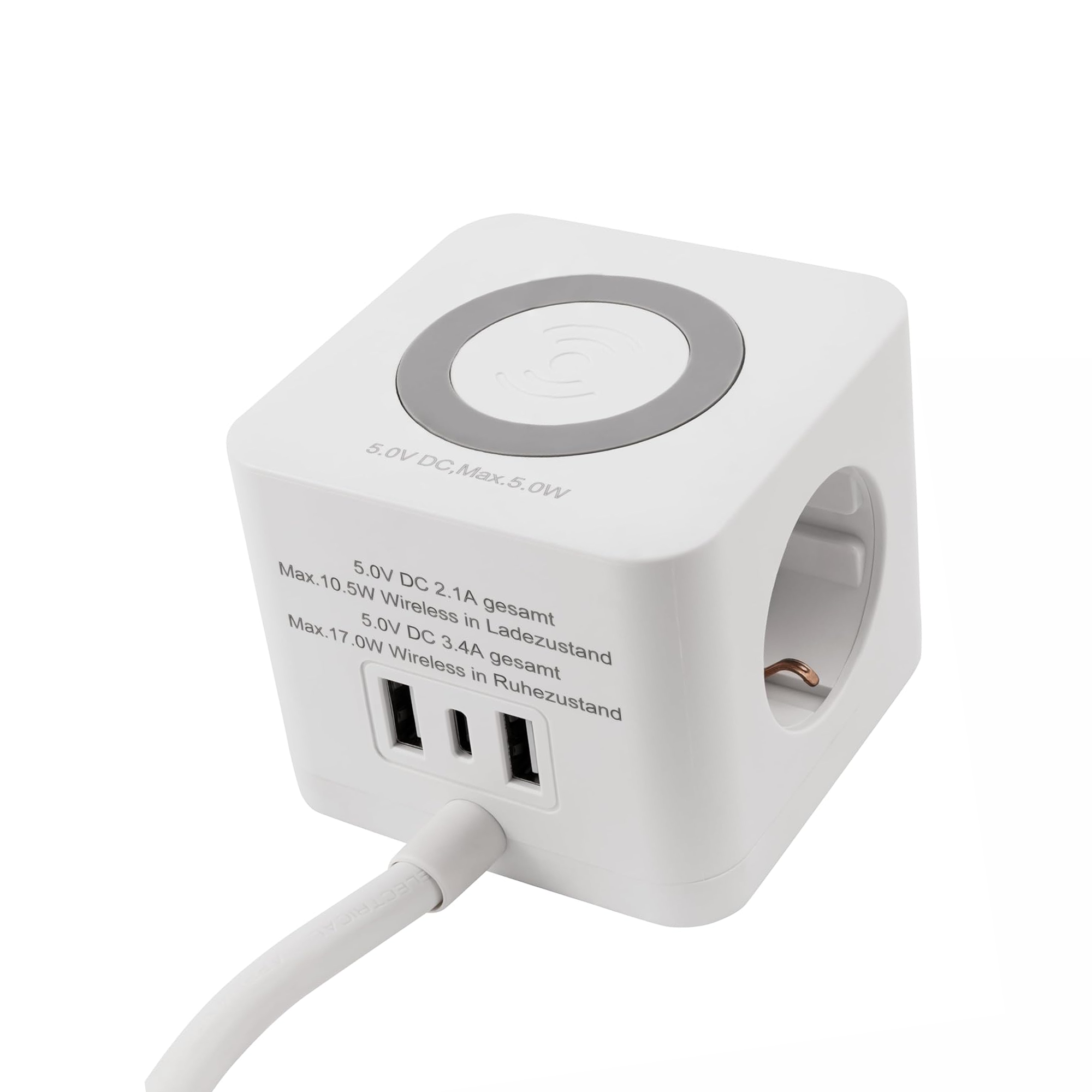 Induktions-Steckdosenwürfel weiß 3-fach mit 3 USB-Ports