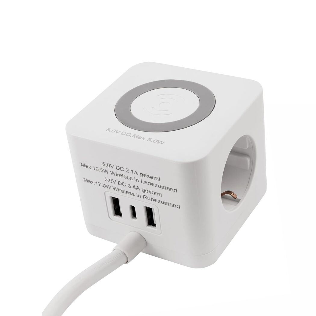 Weißer Steckdosenwürfel mit USB-Anschlüssen und Wireless Charger