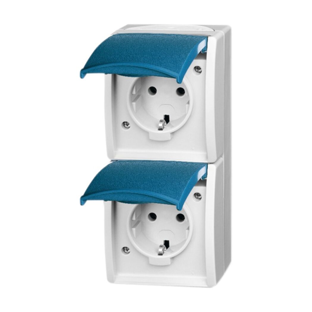 Doppelsteckdose mit blauen Schutzklappen
