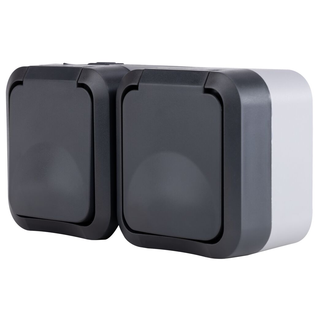 Graue AP-Steckdose waagerecht, IP55 Aqua