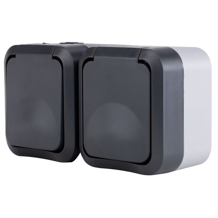 Graue AP-Steckdose waagerecht, IP55 Aqua