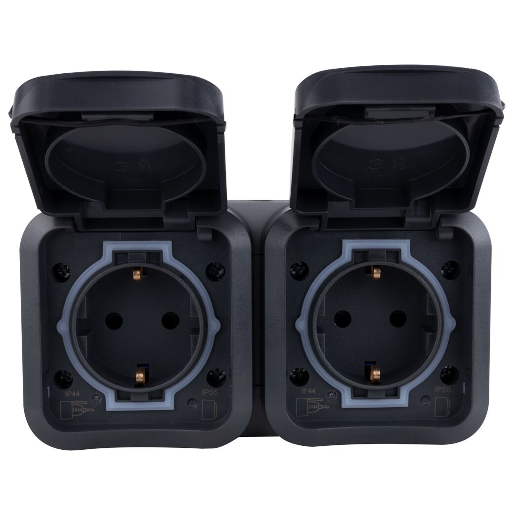 Doppelsteckdose IP44/IP55 mit zwei geöffneten Schutzklappen