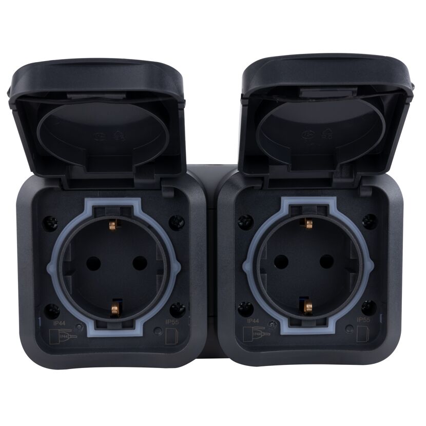 Doppelsteckdose IP44/IP55 mit zwei geöffneten Schutzklappen