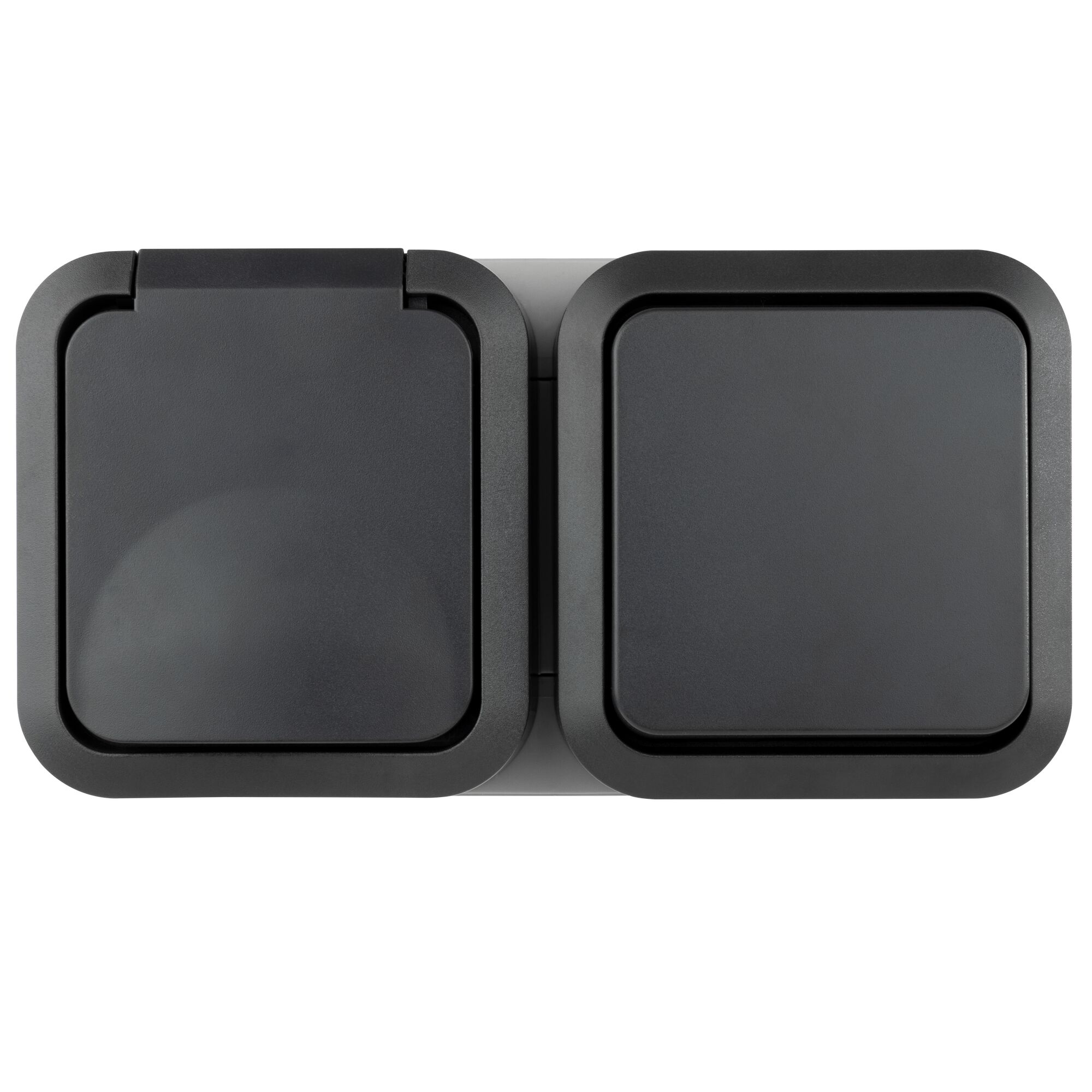 Schwarze Abdeckung für eine Außensteckdose.