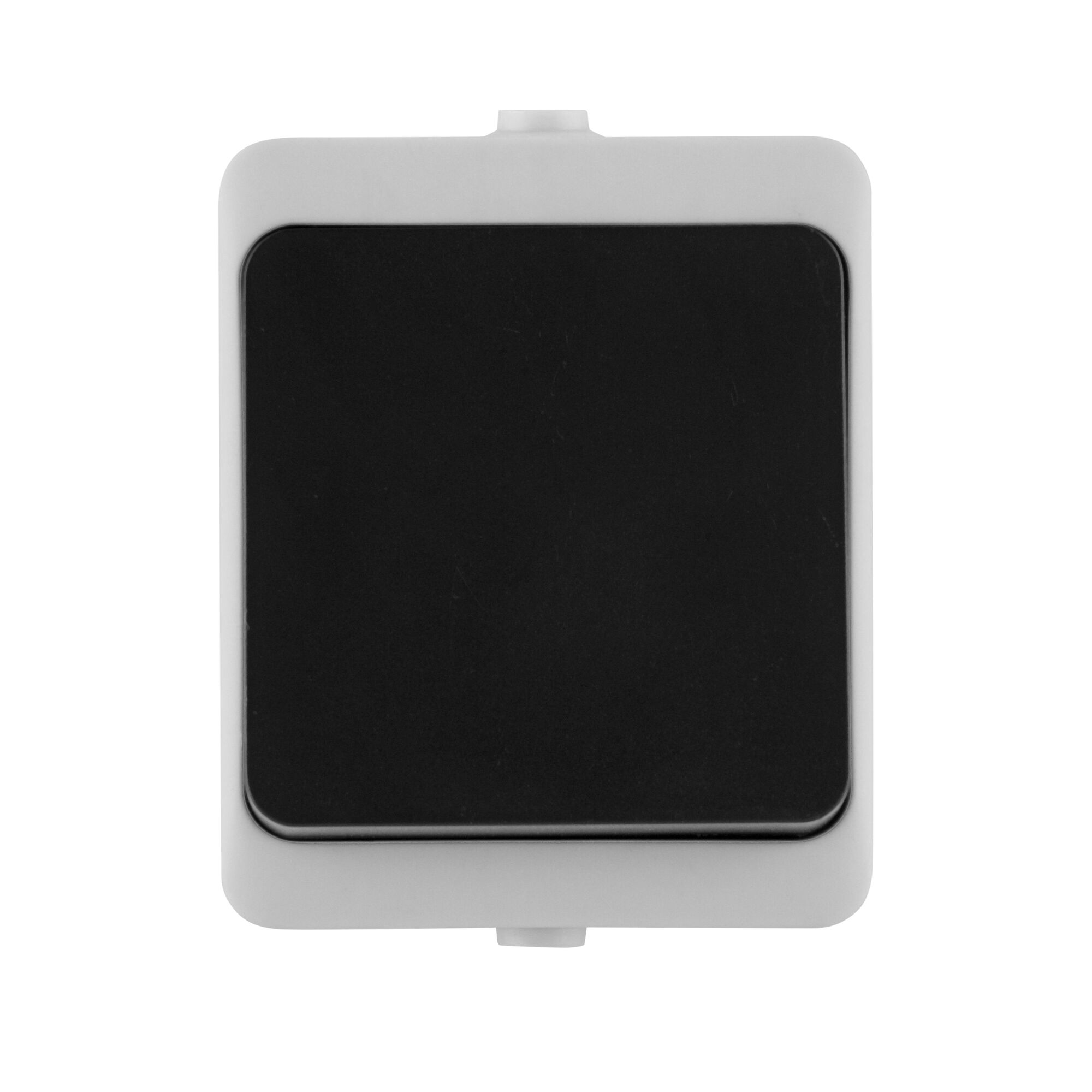 Schwarzer Lichtschalter auf weißem Grund.