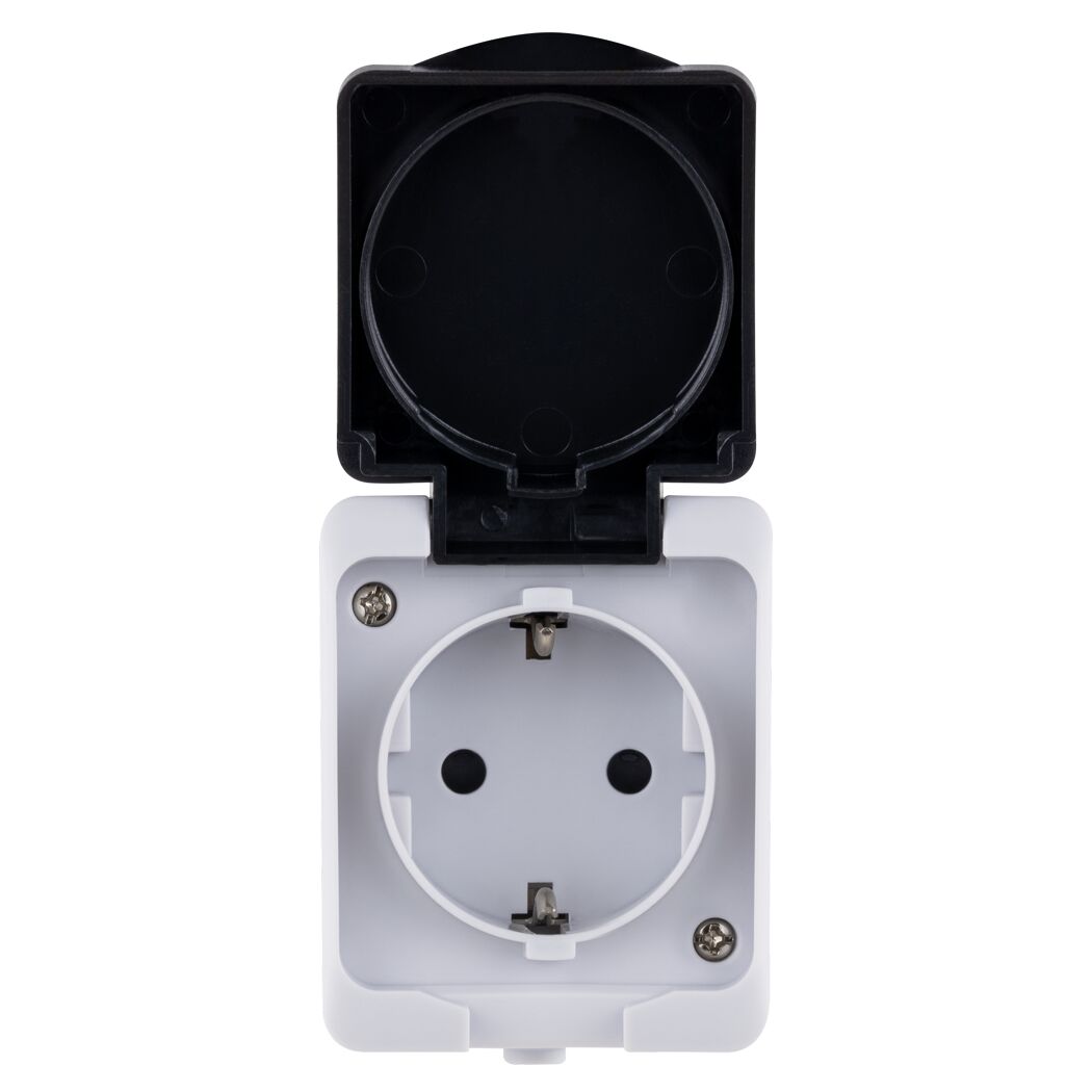Graue AP-Steckdose IP54 Aqua Mini mit schwarzer Schutzklappe