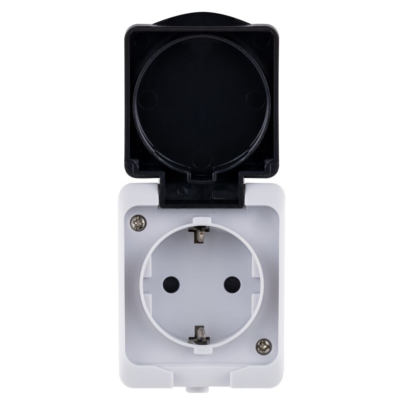 Graue AP-Steckdose IP54 Aqua Mini mit schwarzer Schutzklappe