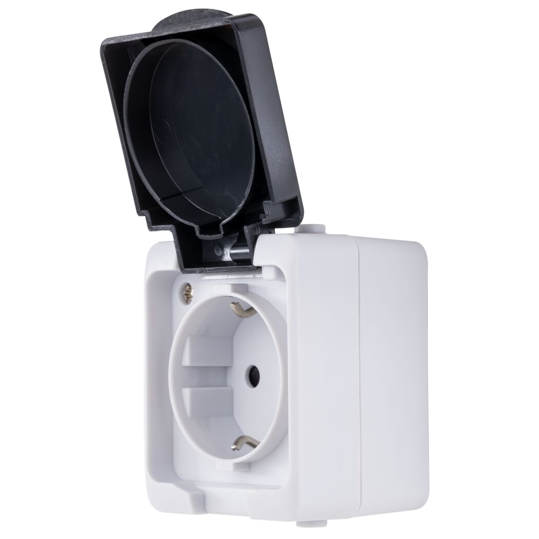 Weiße AP-Steckdose IP54 Aqua Mini mit geöffnetem Deckel