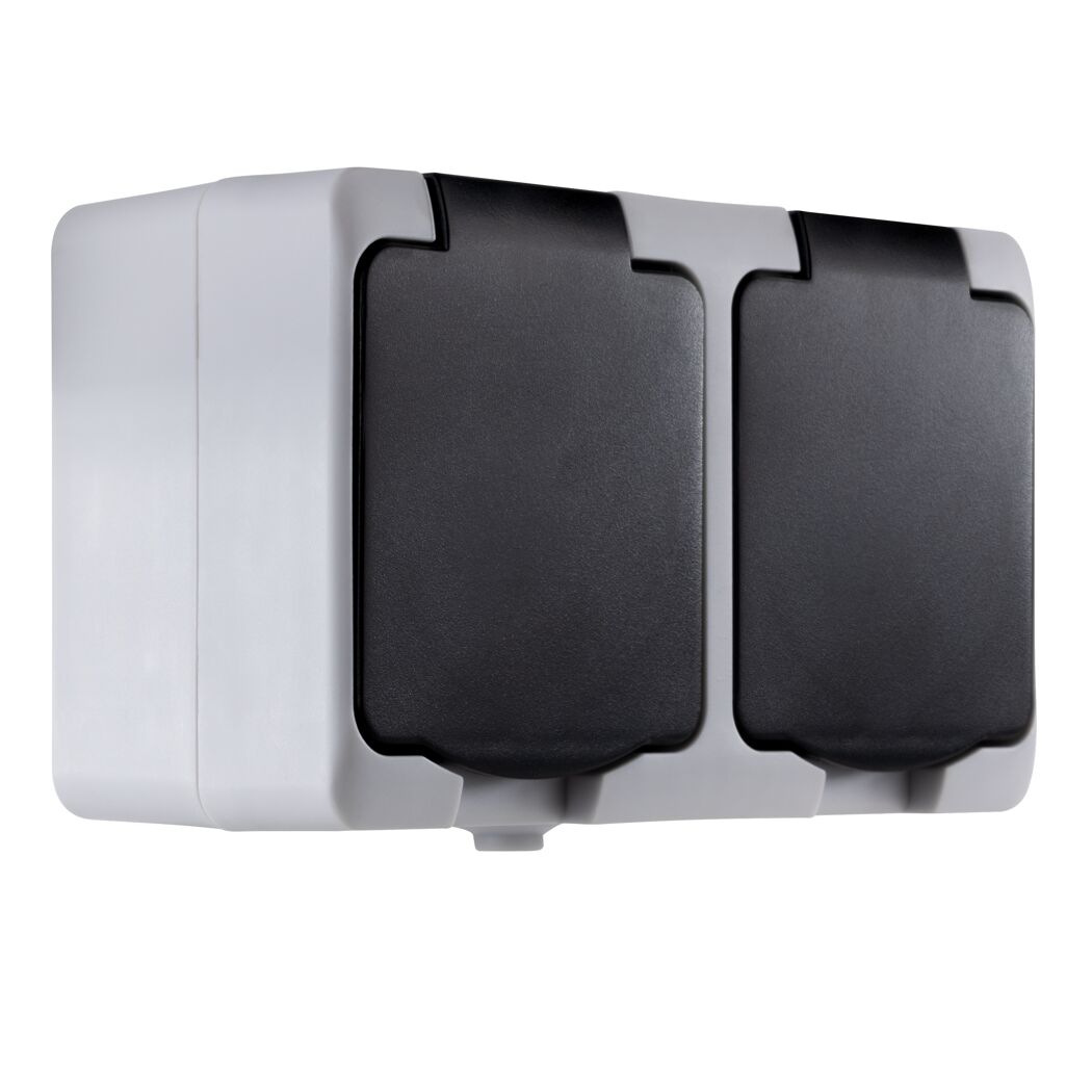 Graue AP-Steckdose 2-fach waagerecht IP54 AquaM