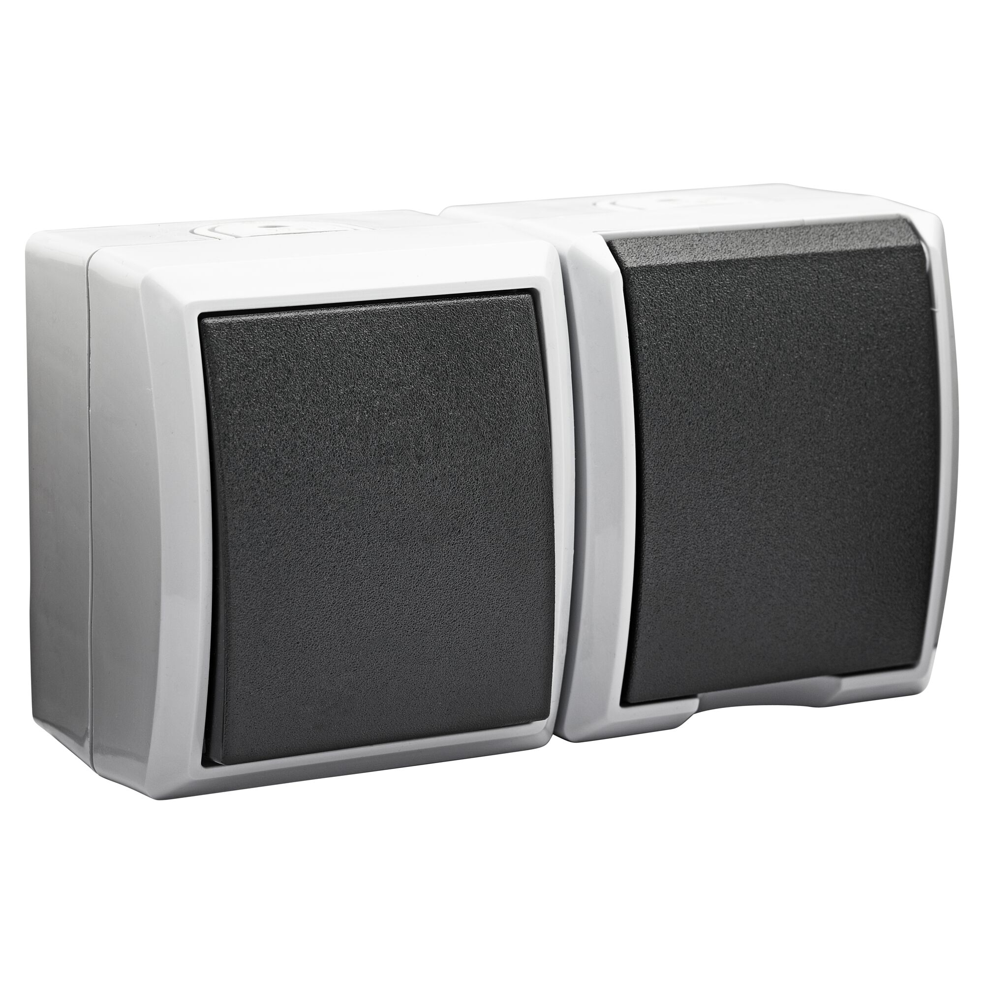 Doppel-Lichtschalter Aufputz IP44, grau mit schwarzen Wippen