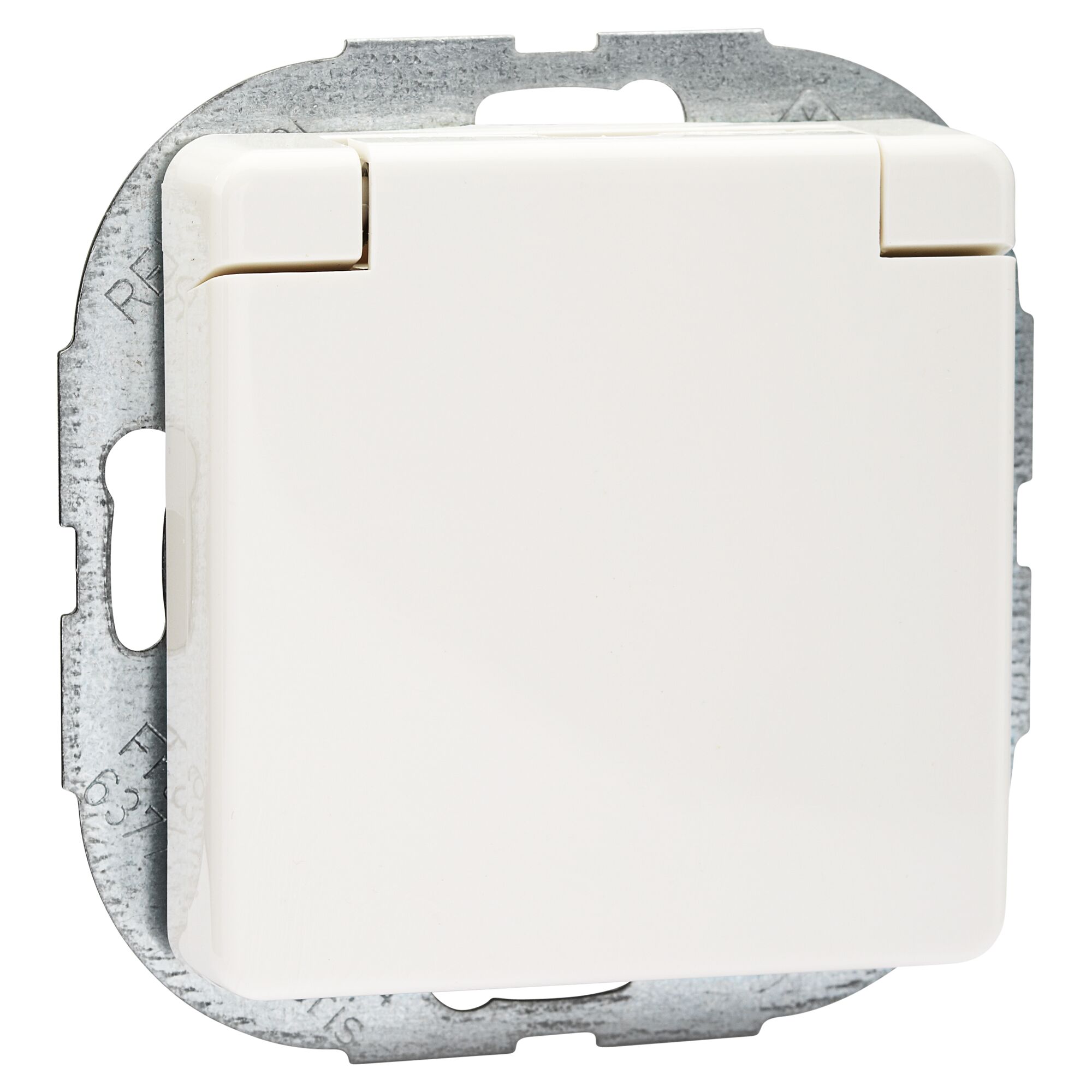 Weiße Schutzkontakt-Steckdose mit Klappdeckel