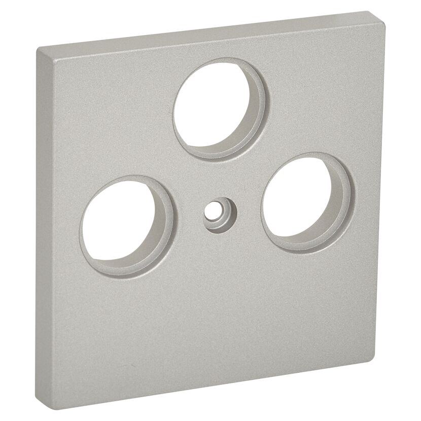 Metallische Abdeckung mit drei Löchern und mittigem Punkt.