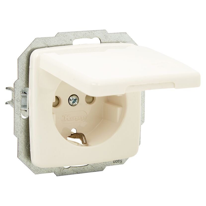 Weiße Schuko-Steckdose mit Deckel von Kopp.