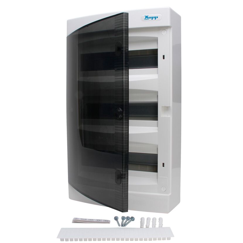 Weißer Verteilerkasten AP3r IP40 mit transparenter Tür und Zubehör.