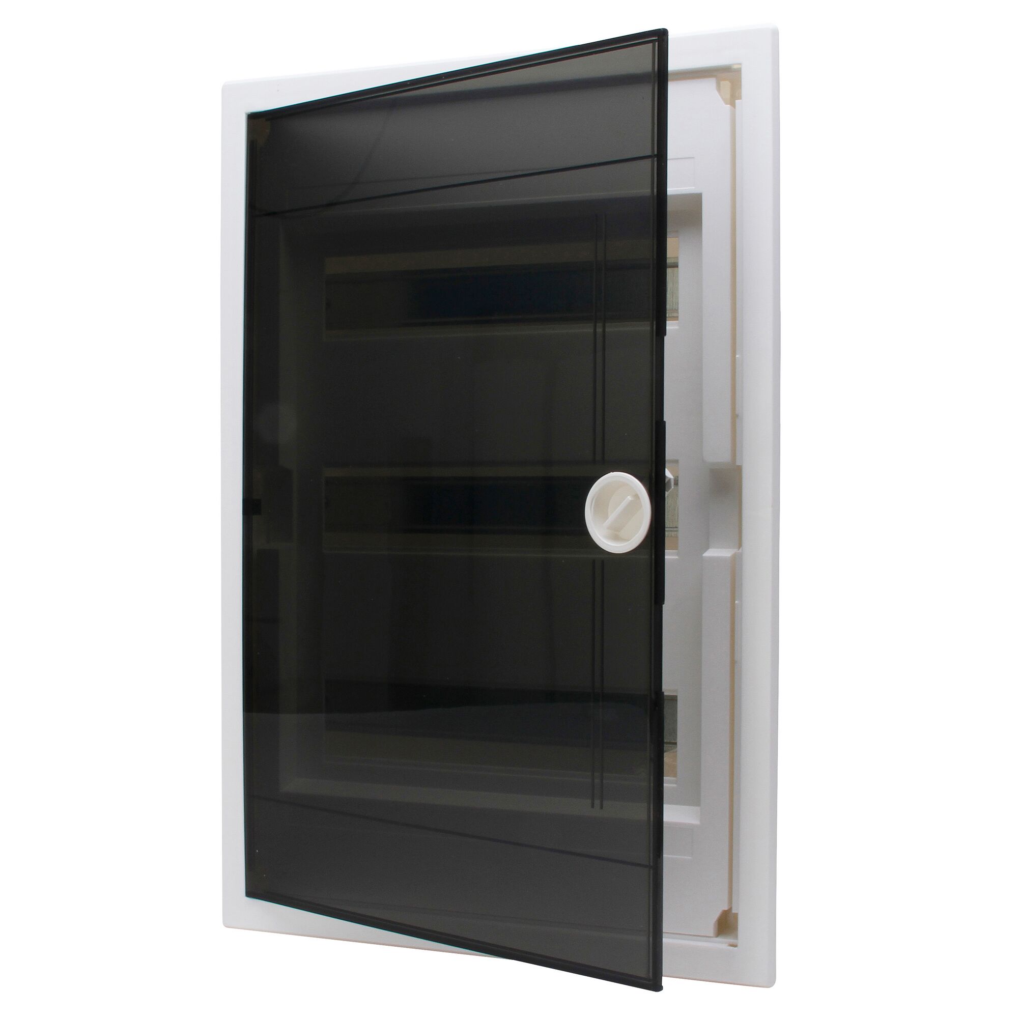 Weißer Verteilerkasten mit transparenter Tür, geöffnet