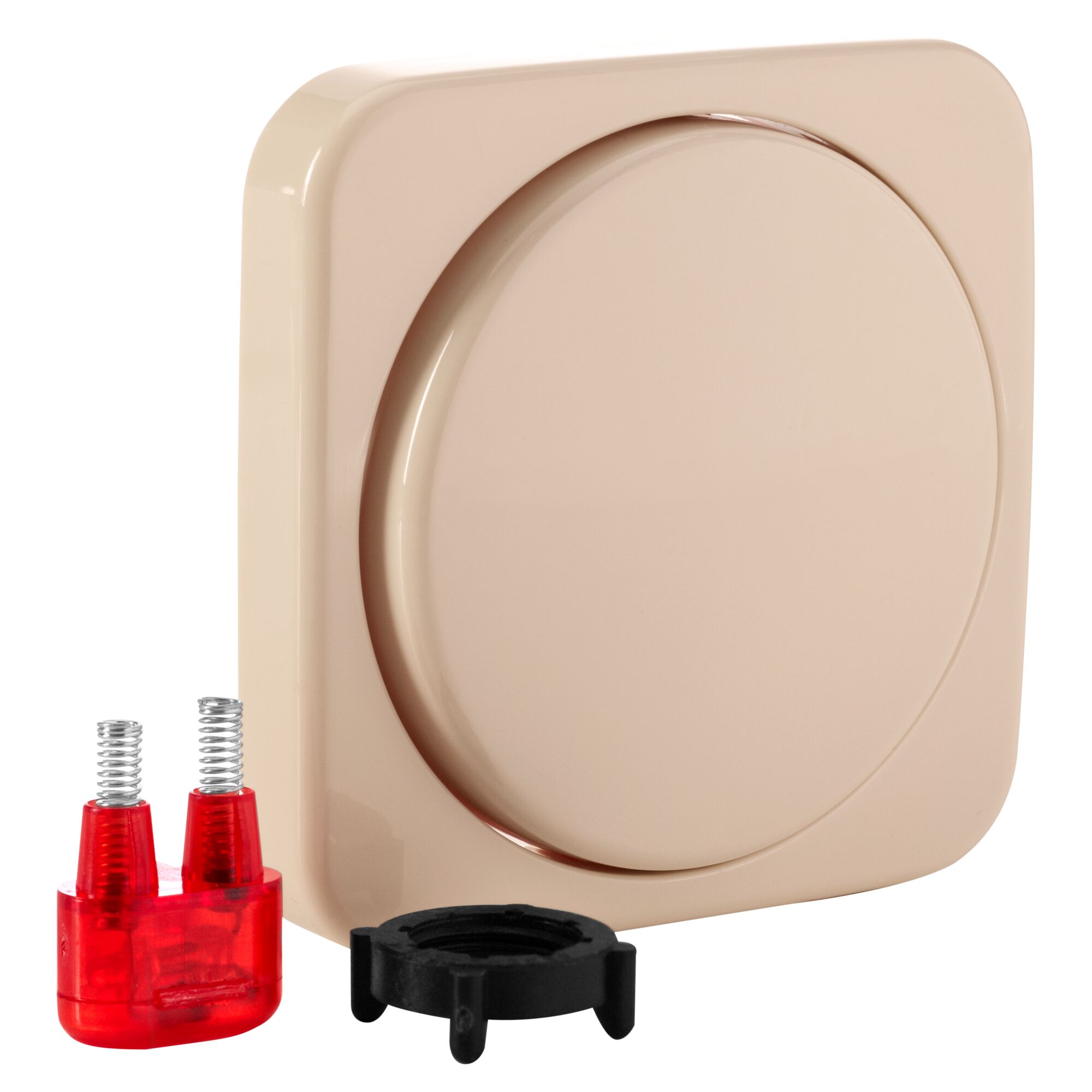Beige Abdeckung für einen Drehdimmer, mit Einzelteilen daneben.