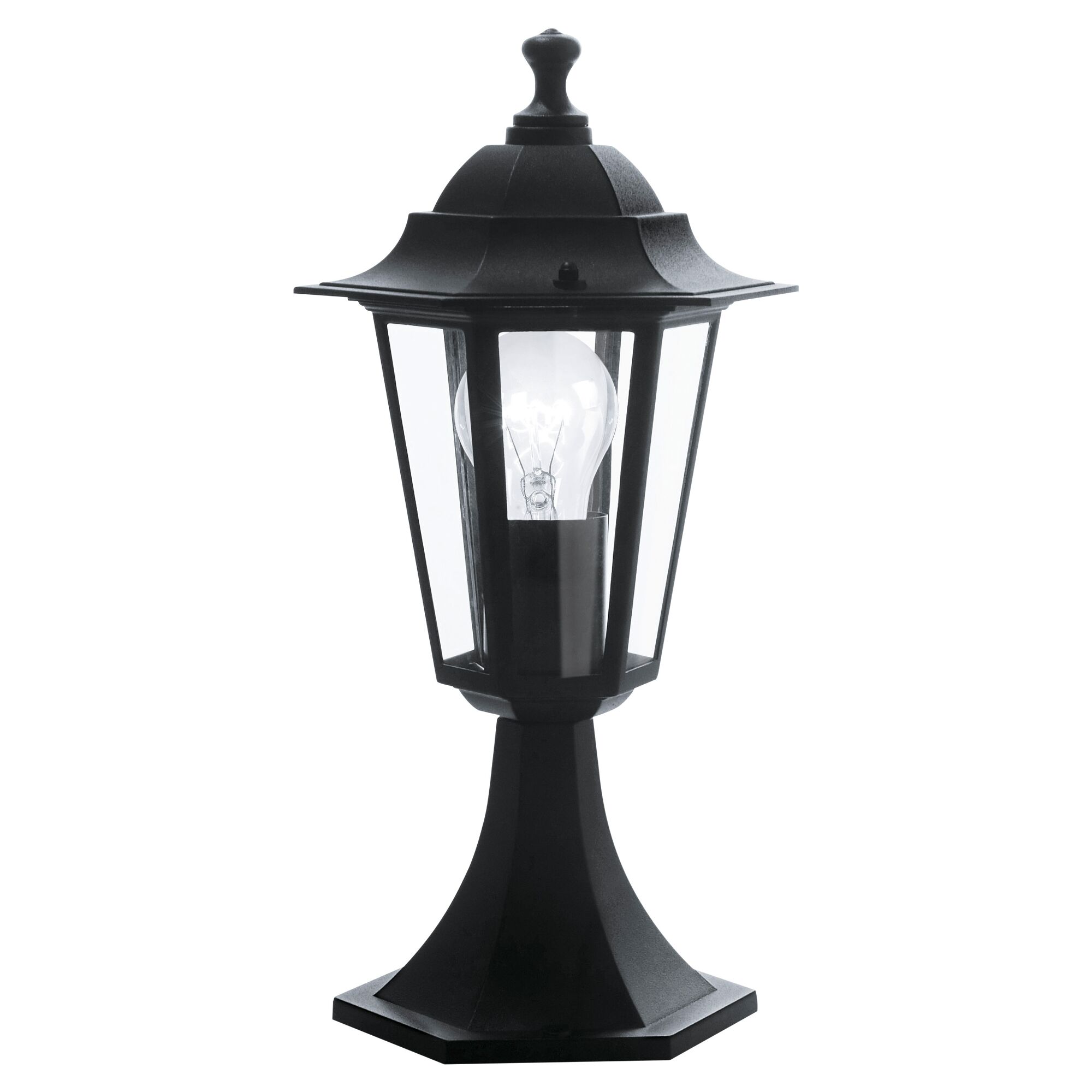 Schwarze Sockelleuchte Laterna mit Glühbirne.