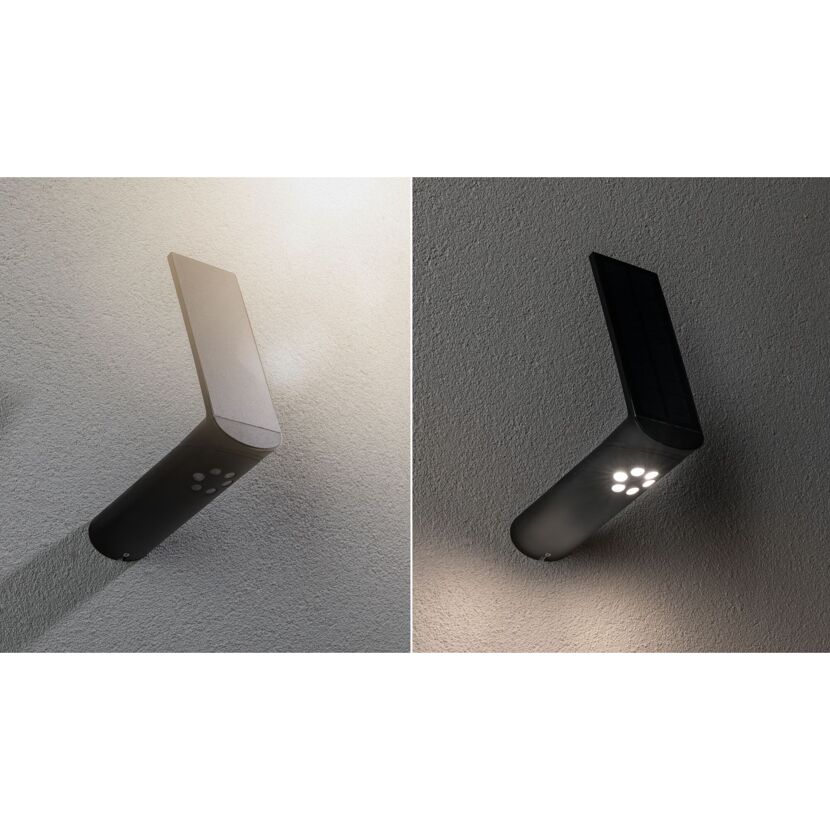 Solar-Wandleuchte Ilias an einer Wand, im Hellen und im Dunkeln leuchtend.