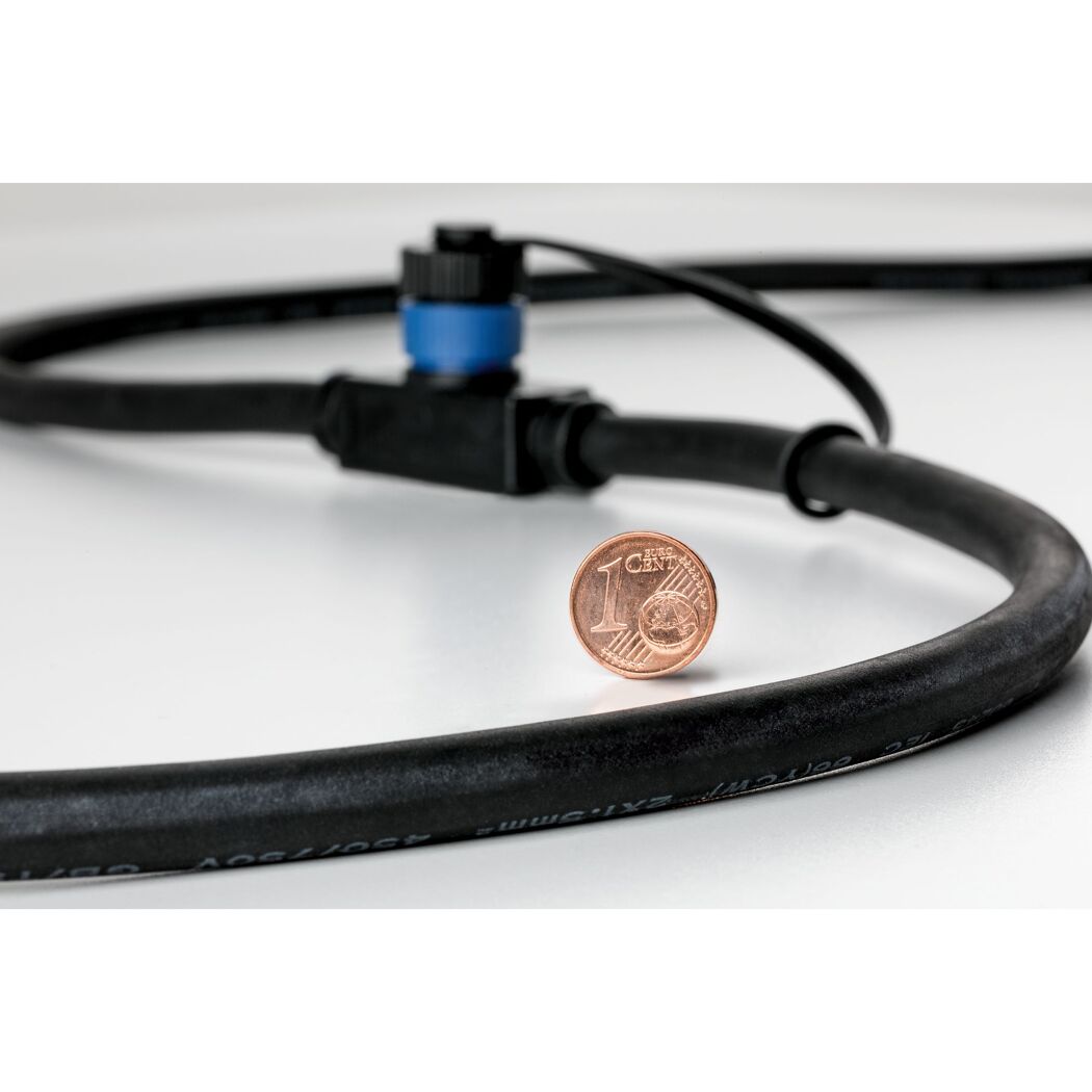 Schwarzes Kabel mit Stecker und 1-Cent-Münze