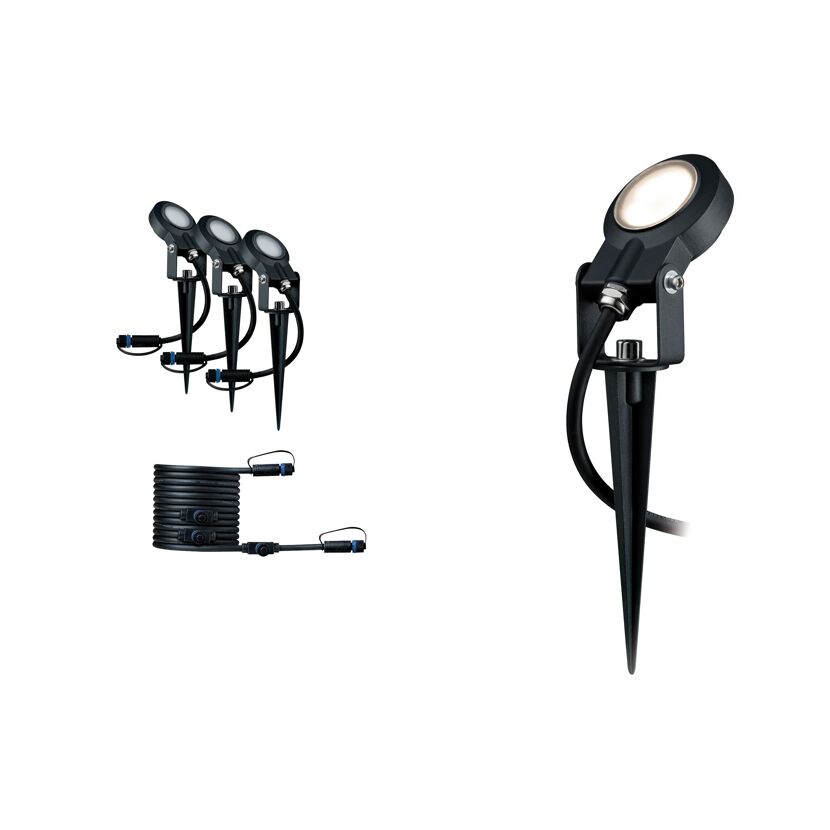 Drei schwarze Erdspießleuchten und ein Kabel