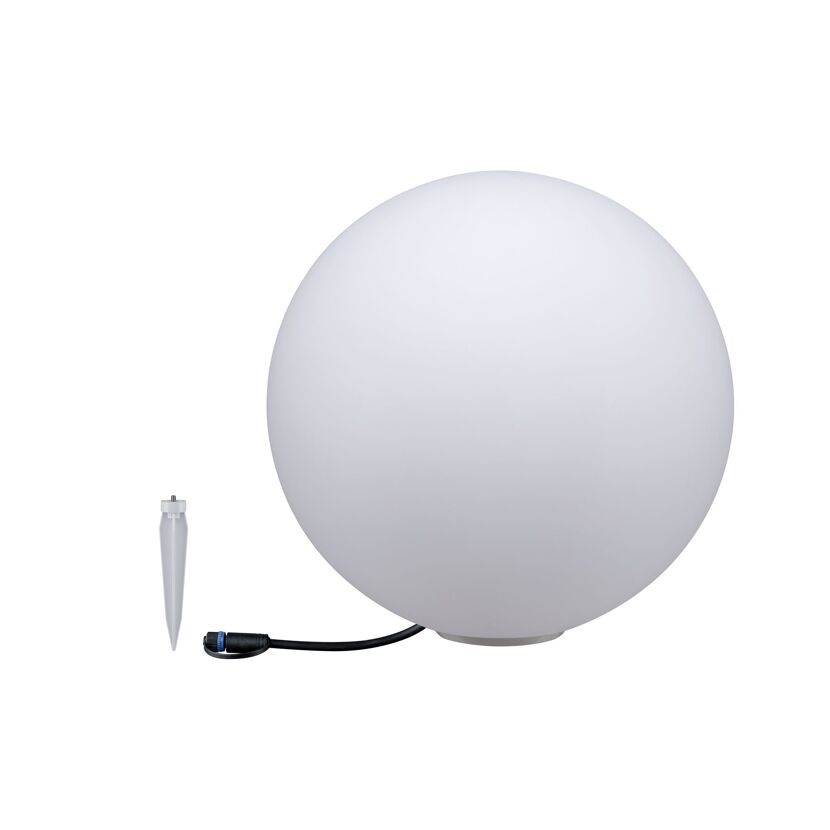 Weiße Plug&Shine Kugel IP65 mit Erdspieß
